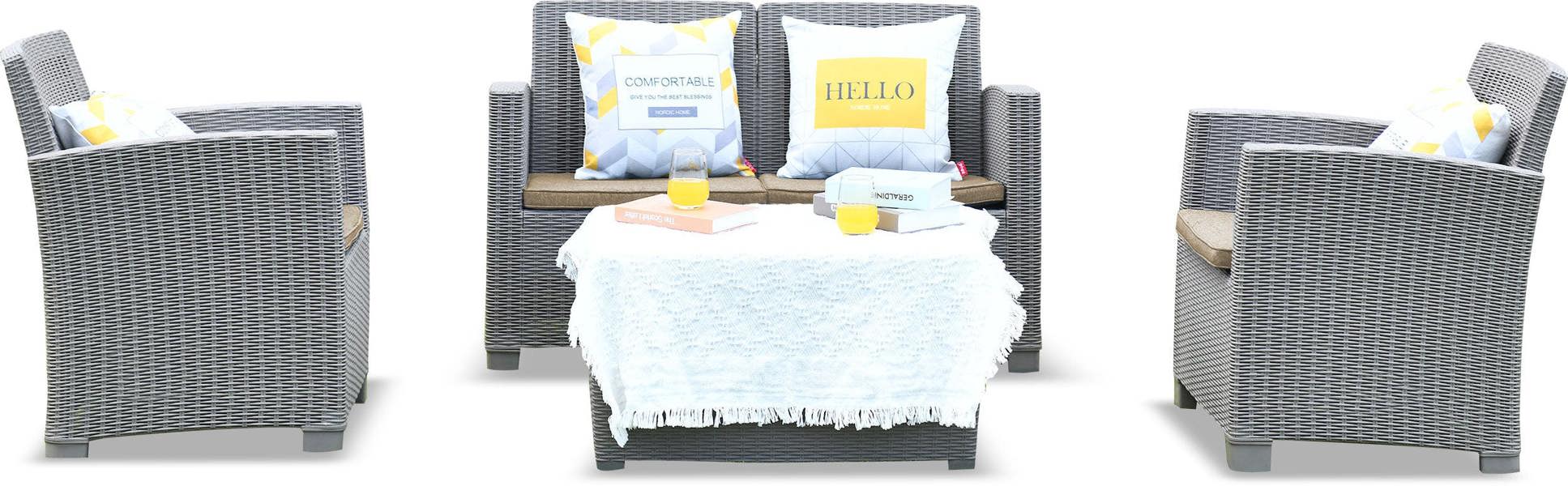 Homeology SANTANA 4 Piece PE Rattan 4-Seater with Cushions Garden Furniture and Coffee Table Set in Greige