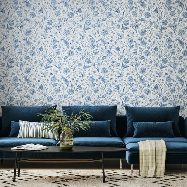 Hoopla Walls Floral Toile - Royal Blue 10m Wallpaper