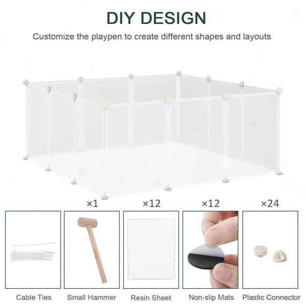 White plastic pet playpen fence panels with included cable ties, connector and non-slip mats