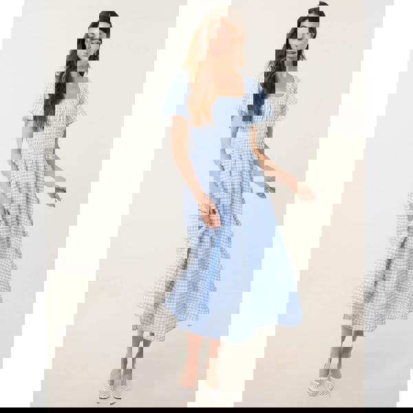 Blue Vanilla Shirred Gingham Midi Dress