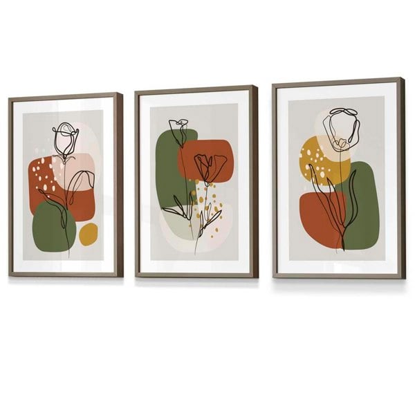 Artze Wall Art Floral Set of 3 Autumn Boho Framed Prints in Orange and Green