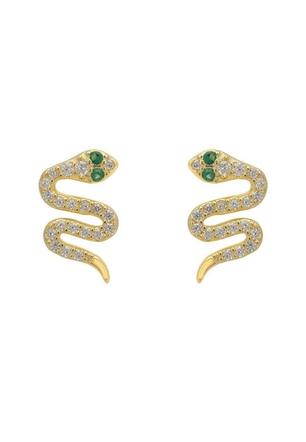 Gold snake-shaped earrings with green and clear gemstones on a white background
