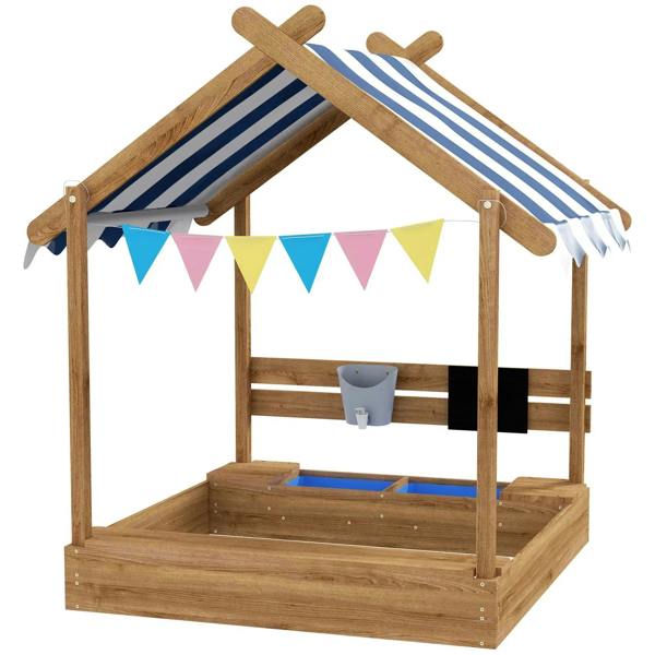 Wooden outdoor sandbox with blue-and-white striped canopy and front chalkboard