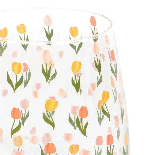 Stemless glass rim with colorful tulip print in yellow, pink, and green