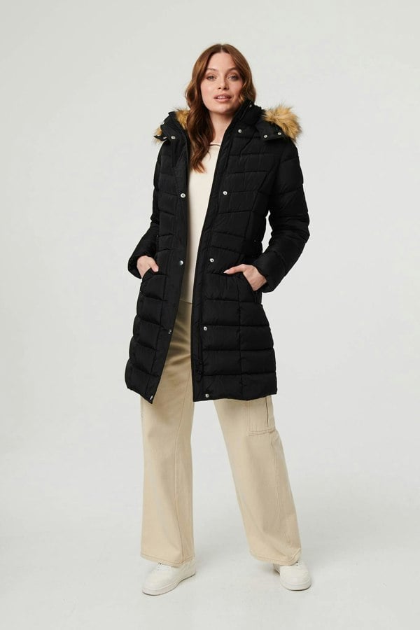 Black | Hooded Faux Fur Trim Longline Jacket
