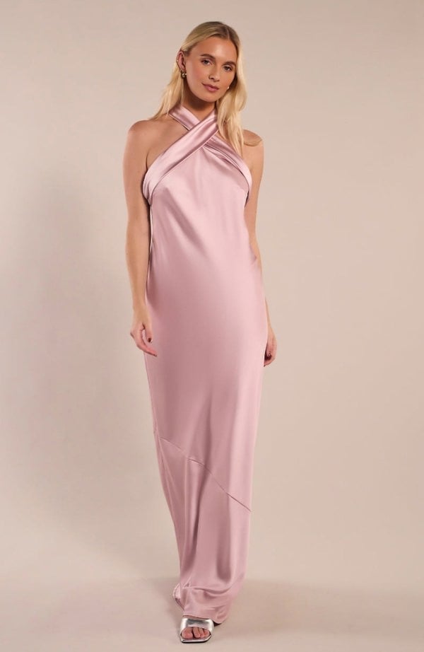 Rewritten London Roma Dress in Rose Pink Satin