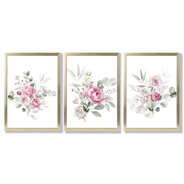 Set of 3 Pink Roses with Eucalyptus Bouquets Framed Art Prints with Gold Wood Frames