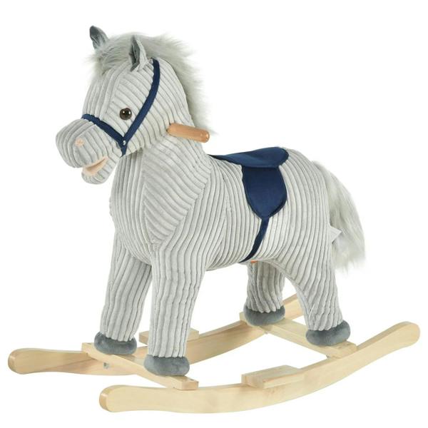 Grey plush rocking horse with navy saddle and wooden rockers, padded mane and tail