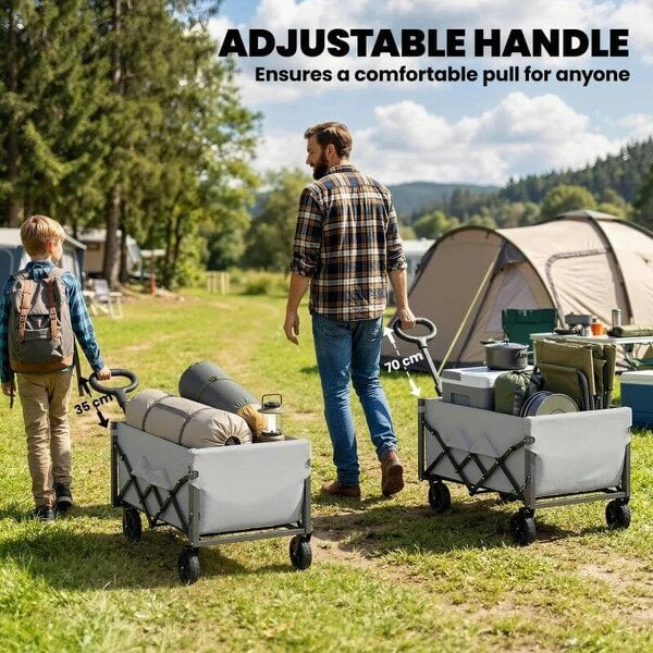 Bobobiy 60L Foldable Festival Trolley on Wheels, Collapsible Wagon Cart with Drop-Down Tailgate, Adjustable Handle, Grey