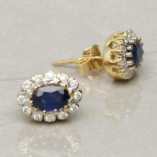 Christopher James of London 9ct Yellow Gold 0.9ct Oval Sapphire & Diamond Cluster Earrings