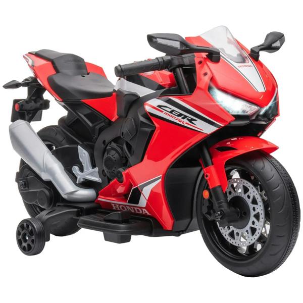 Red and black kids motorcycle close-up, front-right side and wheels