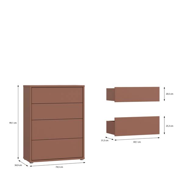 Alice Springs 4 Drawer Chest with Push-to-Open Drawers in Terracotta
