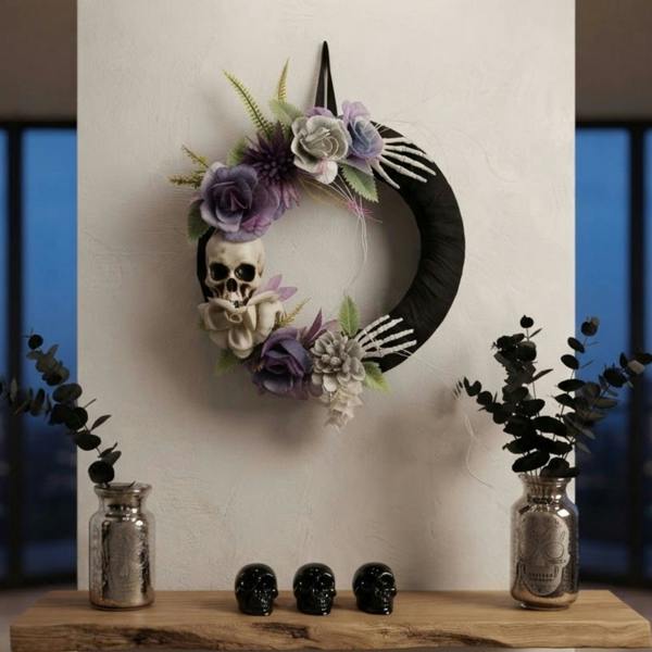 Garden Greatness Gothic Skull Rose Halloween Wreath