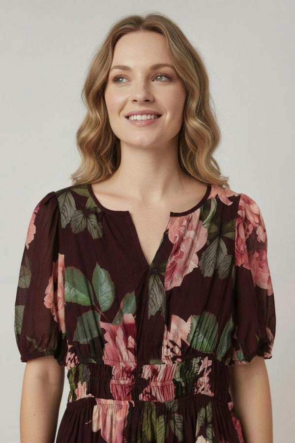 Izabel London Floral Layer 1/2 Puff Sleeve Maxi Dress