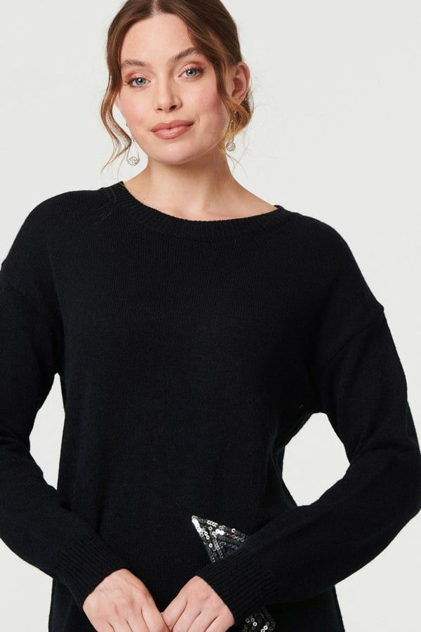 Black | Sequin Star Long Sleeve Knit Short Dress
