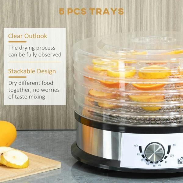 Stainless 5-tray food dehydrator with clear lid over stacked trays and temperature dial
