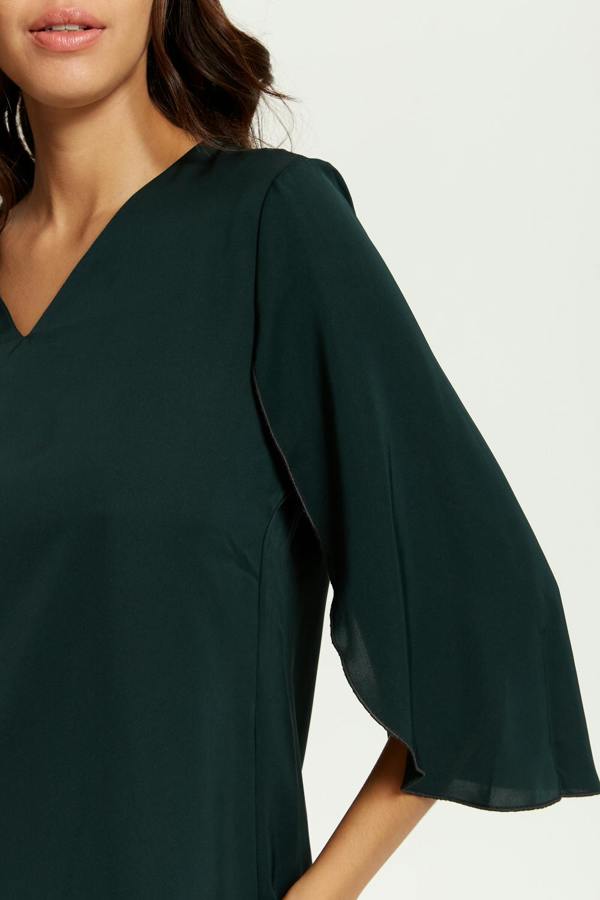 Hoxton Gal Oversized V Neck Top with Split Sleeves in Bottle Green