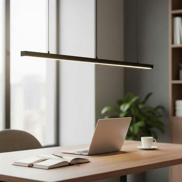 Black linear pendant light fixture above a desk in a modern home