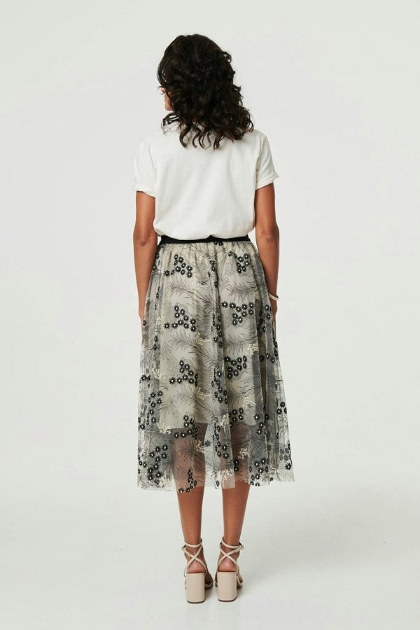 Beige | Printed A-Line Midi Skirt
