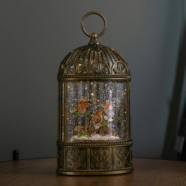 Samuel Alexander 24cm Dual Powered Light up Christmas Cage Water Spinner with Robin Scene & LEDs