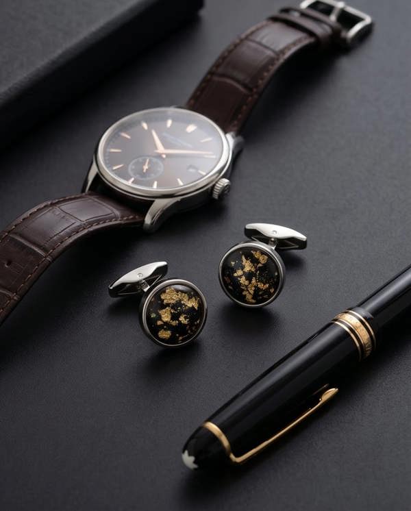 Watch, cufflinks, and pen on a dark surface