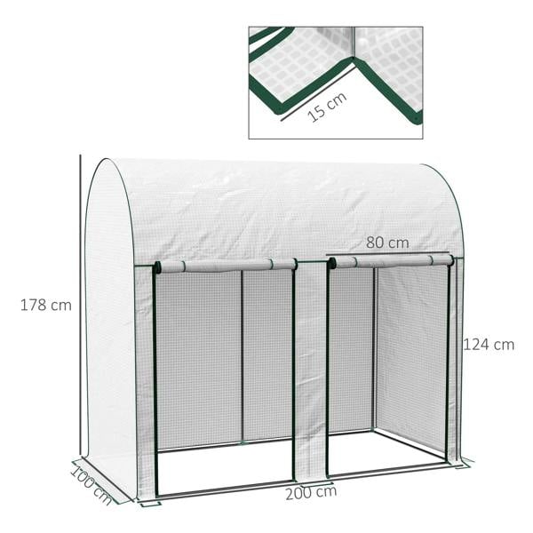 White walk-in greenhouse with green frame, mesh front doors, 200 x 100cm size shown