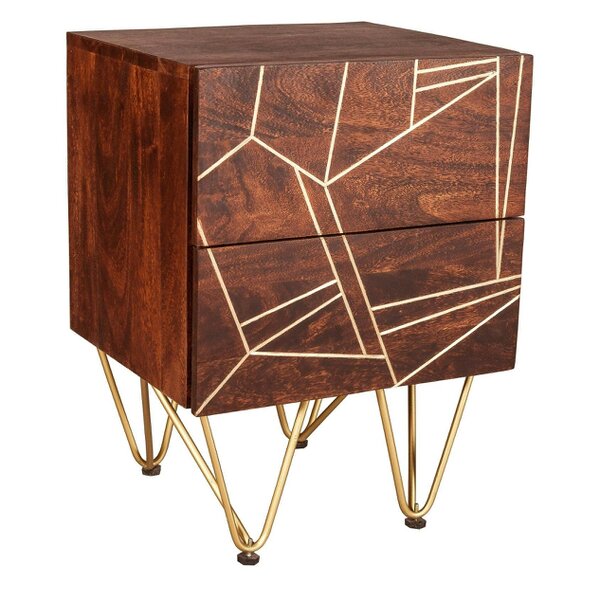 Wyld Haus Bandung Dark Mango Wood and Gold 2 Drawer Side Table