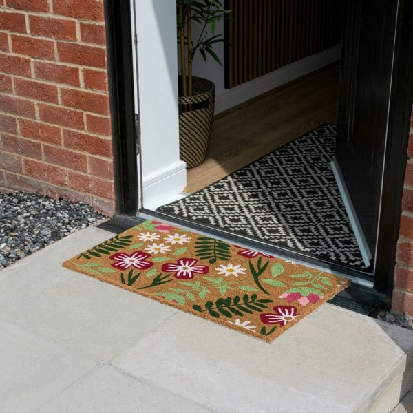 JVL Eco-Friendly Latex Backed Coir Entrance Doormat, 45x75cm - Flowers