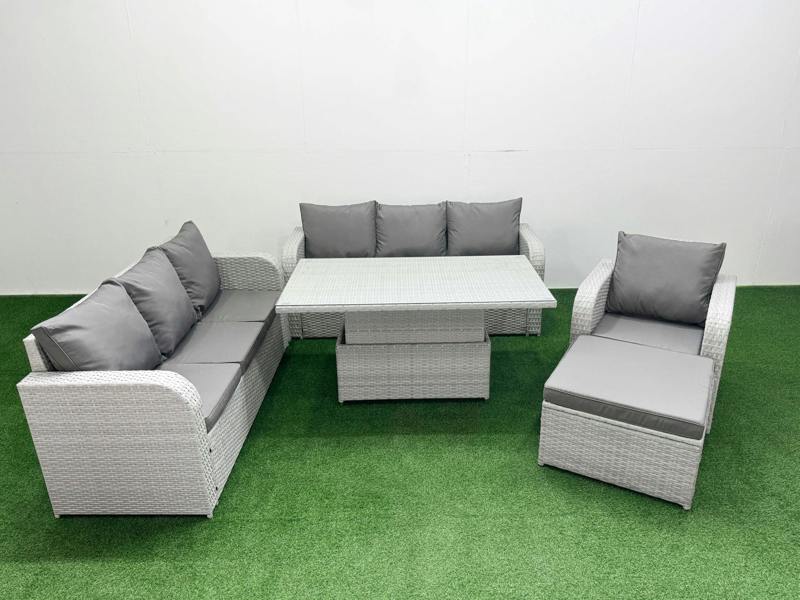 Fimous 8 Seater Poly Rattan Garden Furniture Patio Set, Adj Height Table, 3 Seater Sofa, Reclining Chair, 3 Seater Sofa, Big Footstool, Light Grey