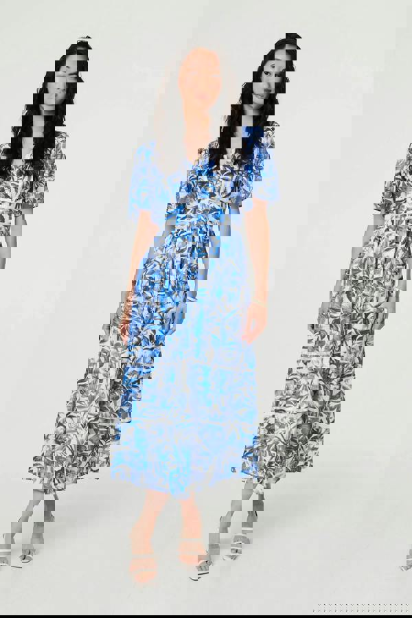 Blue | Leaf Print 1/2 Sleeve Tiered Midi Dress