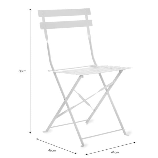 Studio diagram of a single chalk-white metal folding bistro chair showing measurements of 80cm height, 41cm width, and 46cm depth.
