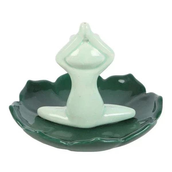 Ceramic frog incense stick holder with back view and arched dark green dish base