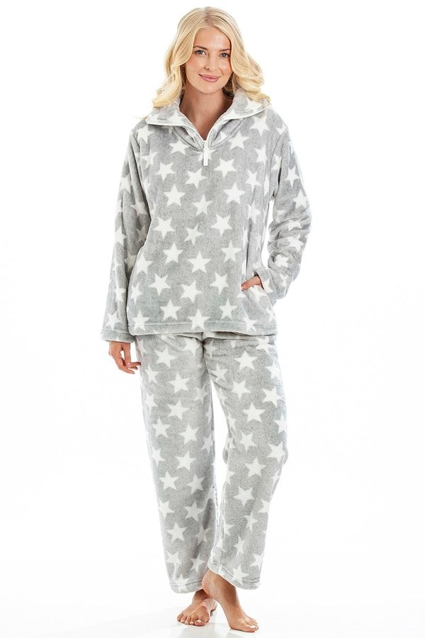 Camille Womens Supersoft Fleece Grey Star Print Pyjama Set