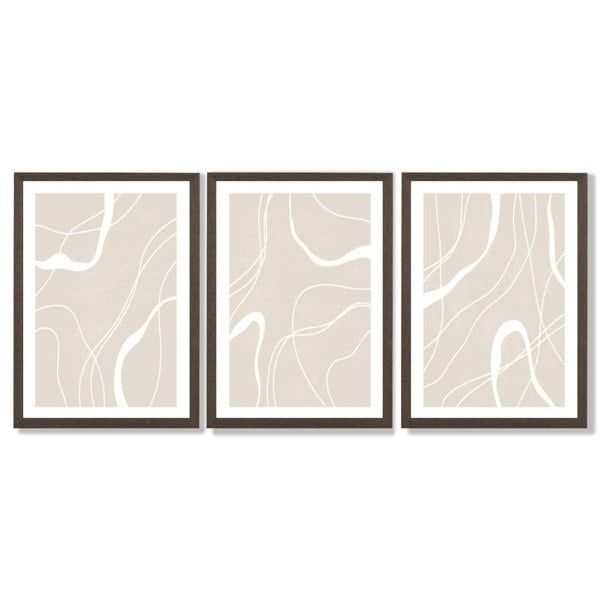 Set of 3 Abstract Neutral Beige Framed Art Prints with Dark Wood Frames