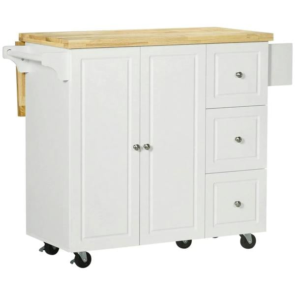 White rolling kitchen storage cart with cabinet doors, drawers, and drop-leaf top