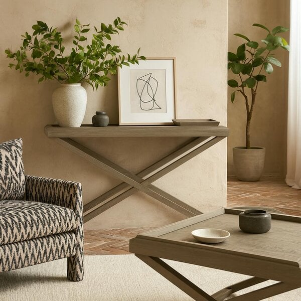 Wyld Haus Siena Grey Ages Oak Cross Frame Tray Console Table