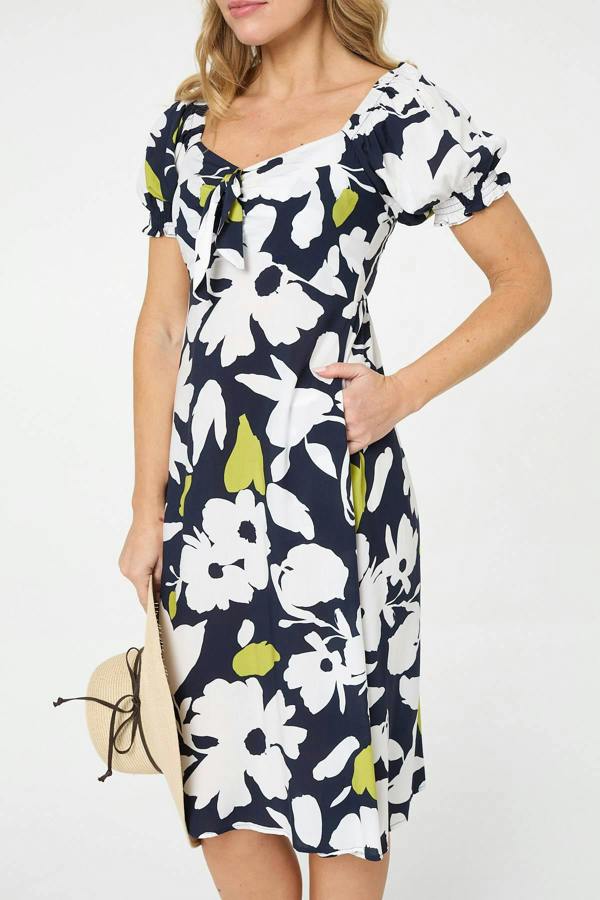 Navy | Floral Tie Front Puff Sleeve Midi Dress