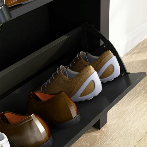 Wyld Haus Resuka Wooden Black Slim Shoe Cabinet With 2 Flip Drawers For 6 To 12 Pairs
