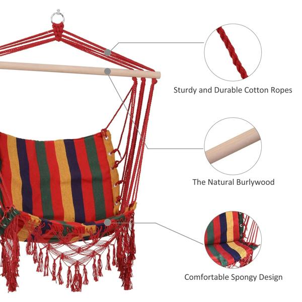 Multicolor striped hammock chair swing with red ropes, wooden bar, and fringed seat