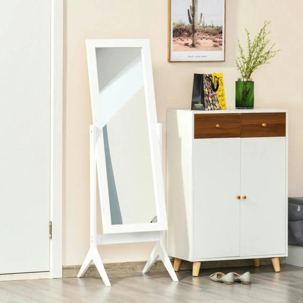 White freestanding full-length mirror on tripod legs, tilted to reflect