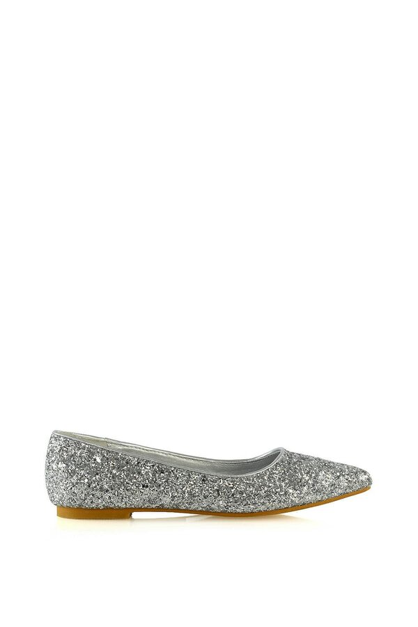 XY LONDON Statement Pointed Toe Flat Bridal Ballerina Pump Shoes - Silver