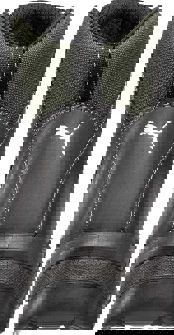 PUMA Safety PUMA Cascades Mid Mens S3 Composite Toe Midsole Work Boots, close-up view of the black and green work boot showing the Puma logo on the front.