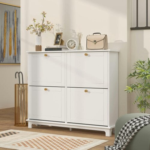 Wyld Haus Zisuka Wooden White Slim Shoe Cupboard With 4 Flip Drawers For 16 Pairs