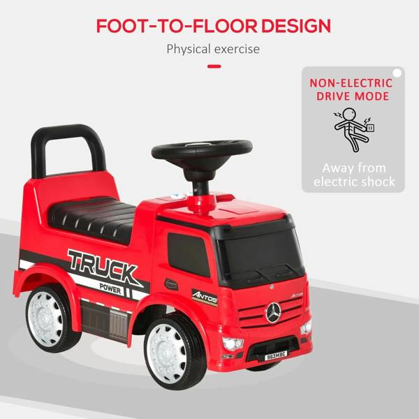 Red non-electric ride-on truck with black seat and foot-to-floor design