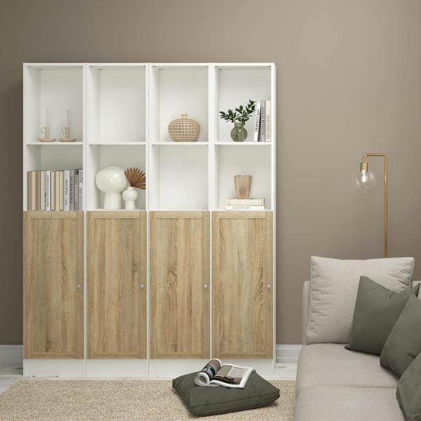 Furniture To Go Basic Tall Narrow Combination Storage Bookcase in White (4 Shelves) with Glass Oak Door