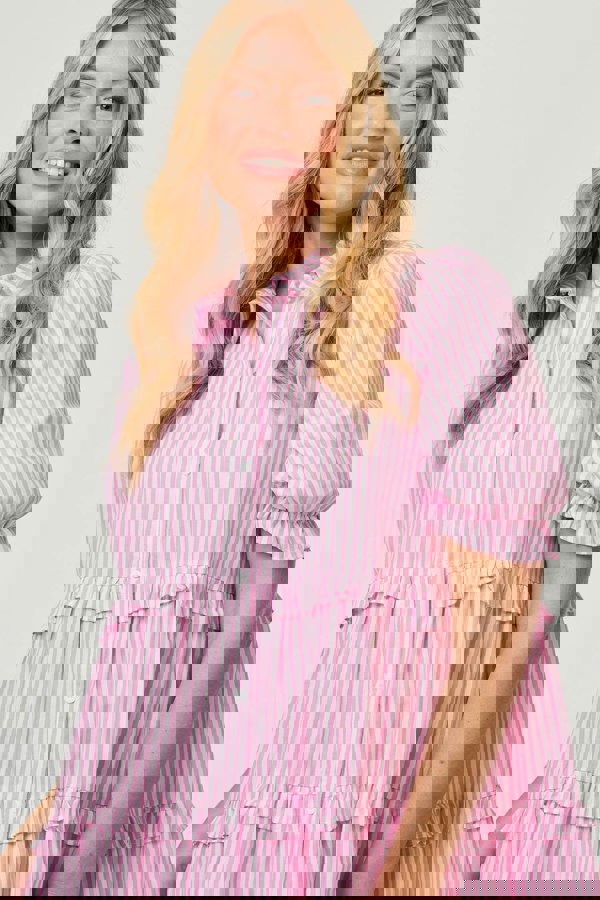 Pink | Striped 1/2 Sleeve Short Shirt Dress
