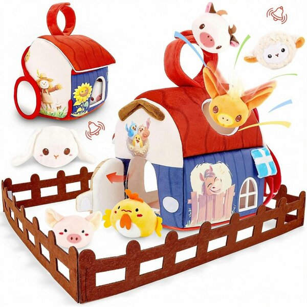 deAO Toys Plush Barn with Stuffed Farm Animals, Rattle,Crinkle Paper & Baby Mirror - 3+ - multi