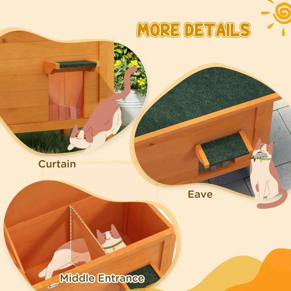 Orange wooden cat house with curtain-style entrance and green cushioned eave