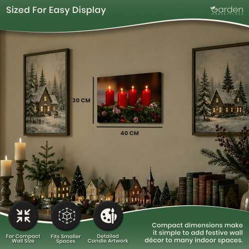 Festive 4 Red Candle LED Christmas Canvas Picture Print, Wooden Frame Wall Art with Switch, 40cm x 30cm, Battery Powered