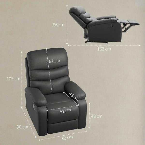 Black PU leather manual reclining chair with visible seat and back measurements